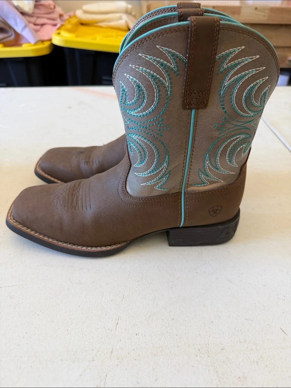 Kids Brown Cowboy Boots with Turquoise Stitching